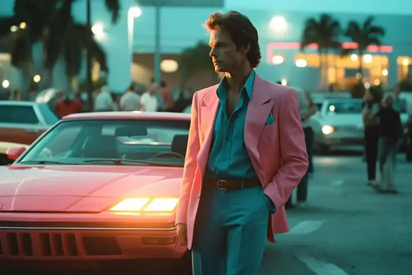 Homme en costume rose avec voiture de sport.