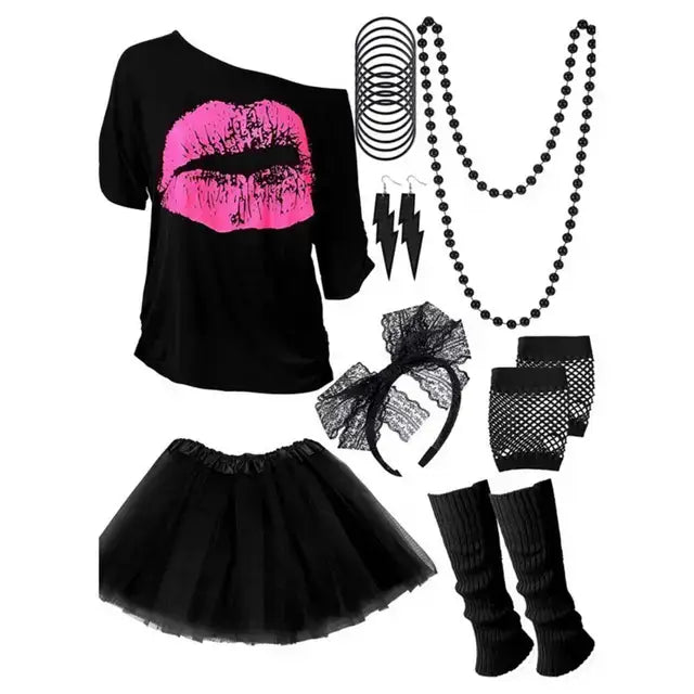 Tenue aerobic année 80 femme avec jupe noir - tenue-annee-80